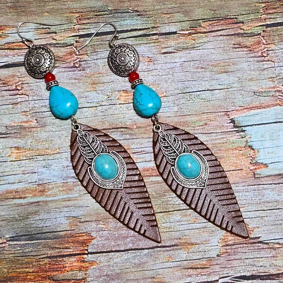 Artisan Earrings Southwestern Faux Leather Silver & Turquoise Feathers - Picture 3 of 9